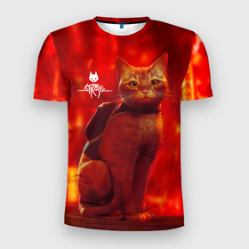 Мужская футболка 3D Slim с принтом The Stray   Кот бродяга в огненных тонах в Тюмени, 100% полиэстер с улучшенными характеристиками | приталенный силуэт, круглая горловина, широкие плечи, сужается к линии бедра | b 12 | cat | kitty | stray | б 12 | бродяга | бэ 12 | кот | стрей | стрэй