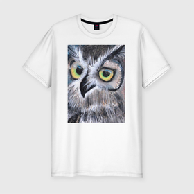 Мужская футболка хлопок Slim с принтом Взгляд жёлтых глаз лесной совы в Новосибирске, 92% хлопок, 8% лайкра | приталенный силуэт, круглый вырез ворота, длина до линии бедра, короткий рукав | акварель | глаза | карандаш | пастель | птицы | рисунок | сова