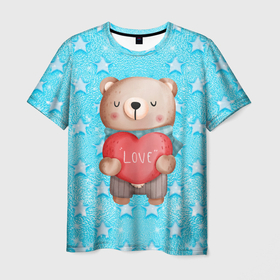 Мужская футболка 3D с принтом Мишка с валентинкой 14 февраля в Белгороде, 100% полиэфир | прямой крой, круглый вырез горловины, длина до линии бедер | 14 февраля | iloveyou | love | влюбленным | день влюбленных | люблю | люблютебя | любовь | милая | милота | милый | нежность | признанеивлюбвю | признание | сердечко | сердце