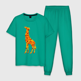 Мужская пижама хлопок с принтом Лиственный жираф в Новосибирске, 100% хлопок | брюки и футболка прямого кроя, без карманов, на брюках мягкая резинка на поясе и по низу штанин
 | африка | животное | жираф | листья | осень | саванна