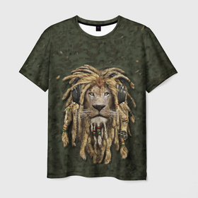 Мужская футболка 3D с принтом Лев в дредах в Петрозаводске, 100% полиэфир | прямой крой, круглый вырез горловины, длина до линии бедер | dredi | leo | lev | дреды | лев | милитари