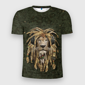 Мужская футболка 3D Slim с принтом Лев в дредах в Петрозаводске, 100% полиэстер с улучшенными характеристиками | приталенный силуэт, круглая горловина, широкие плечи, сужается к линии бедра | dredi | leo | lev | дреды | лев | милитари