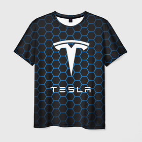 Мужская футболка 3D с принтом Tesla Соты. в Санкт-Петербурге, 100% полиэфир | прямой крой, круглый вырез горловины, длина до линии бедер | elon mask | tesla | авто | автомобиль | илон | илон маск | маск | тесла