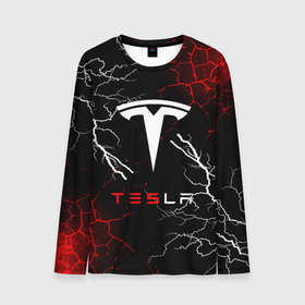 Мужской лонгслив 3D с принтом Tesla Трещины с молниями. в Санкт-Петербурге, 100% полиэстер | длинные рукава, круглый вырез горловины, полуприлегающий силуэт | elon mask | tesla | авто | автомобиль | илон | илон маск | маск | тесла