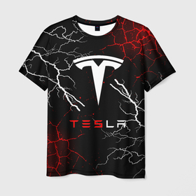 Мужская футболка 3D с принтом Tesla Трещины с молниями. в Тюмени, 100% полиэфир | прямой крой, круглый вырез горловины, длина до линии бедер | Тематика изображения на принте: elon mask | tesla | авто | автомобиль | илон | илон маск | маск | тесла