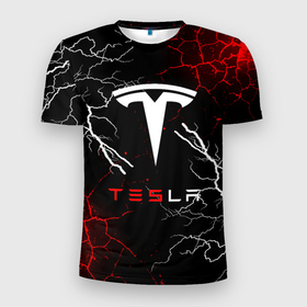 Мужская футболка 3D Slim с принтом Tesla Трещины с молниями. в Санкт-Петербурге, 100% полиэстер с улучшенными характеристиками | приталенный силуэт, круглая горловина, широкие плечи, сужается к линии бедра | elon mask | tesla | авто | автомобиль | илон | илон маск | маск | тесла