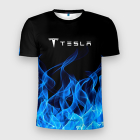 Мужская футболка 3D Slim с принтом Tesla Fire. в Петрозаводске, 100% полиэстер с улучшенными характеристиками | приталенный силуэт, круглая горловина, широкие плечи, сужается к линии бедра | Тематика изображения на принте: elon mask | tesla | авто | автомобиль | илон | илон маск | маск | тесла