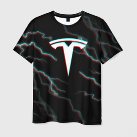 Мужская футболка 3D с принтом Tesla Glitch молнии. в Тюмени, 100% полиэфир | прямой крой, круглый вырез горловины, длина до линии бедер | elon mask | tesla | авто | автомобиль | илон | илон маск | маск | тесла