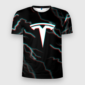 Мужская футболка 3D Slim с принтом Tesla Glitch молнии. в Санкт-Петербурге, 100% полиэстер с улучшенными характеристиками | приталенный силуэт, круглая горловина, широкие плечи, сужается к линии бедра | elon mask | tesla | авто | автомобиль | илон | илон маск | маск | тесла