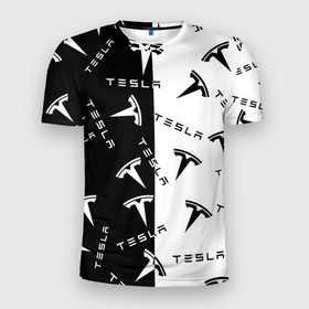 Мужская футболка 3D Slim с принтом Tesla Black  White. в Санкт-Петербурге, 100% полиэстер с улучшенными характеристиками | приталенный силуэт, круглая горловина, широкие плечи, сужается к линии бедра | elon mask | tesla | авто | автомобиль | илон | илон маск | маск | тесла