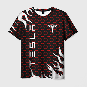 Мужская футболка 3D с принтом Tesla соты с огнем в Тюмени, 100% полиэфир | прямой крой, круглый вырез горловины, длина до линии бедер | elon mask | tesla | авто | автомобиль | илон | илон маск | маск | тесла
