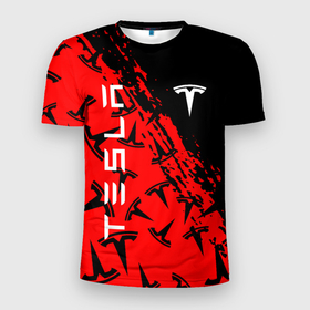 Мужская футболка 3D Slim с принтом Tesla red pattern в Санкт-Петербурге, 100% полиэстер с улучшенными характеристиками | приталенный силуэт, круглая горловина, широкие плечи, сужается к линии бедра | elon mask | tesla | авто | автомобиль | илон | илон маск | маск | тесла