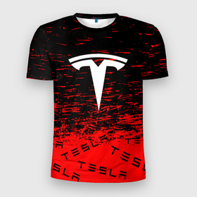 Мужская футболка 3D Slim с принтом Tesla sport red в Санкт-Петербурге, 100% полиэстер с улучшенными характеристиками | приталенный силуэт, круглая горловина, широкие плечи, сужается к линии бедра | elon mask | tesla | авто | автомобиль | илон | илон маск | маск | тесла