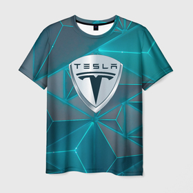 Мужская футболка 3D с принтом Tesla неоновые треугольники в Санкт-Петербурге, 100% полиэфир | прямой крой, круглый вырез горловины, длина до линии бедер | elon mask | tesla | авто | автомобиль | илон | илон маск | маск | тесла