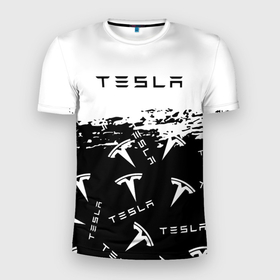 Мужская футболка 3D Slim с принтом [Tesla]   Black  White в Санкт-Петербурге, 100% полиэстер с улучшенными характеристиками | приталенный силуэт, круглая горловина, широкие плечи, сужается к линии бедра | elon mask | tesla | авто | автомобиль | илон | илон маск | маск | тесла