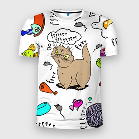 Мужская футболка 3D Slim с принтом смешной надменный кот в Санкт-Петербурге, 100% полиэстер с улучшенными характеристиками | приталенный силуэт, круглая горловина, широкие плечи, сужается к линии бедра | авторский | веселый рисунок | детский | радужный | смешной кот