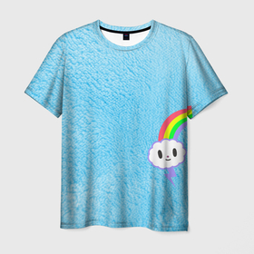 Мужская футболка 3D с принтом Облачко на голубом мехе с радугой парная , 100% полиэфир | прямой крой, круглый вырез горловины, длина до линии бедер | 14 фервраля влюбленным | глубой | для двоих | друзьям | мех | облако | облачко | паре | парные | радуга | туча | тучка