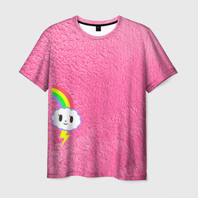 Мужская футболка 3D с принтом Облачко на розовом мехе с радугой парная в Санкт-Петербурге, 100% полиэфир | прямой крой, круглый вырез горловины, длина до линии бедер | 14 февраля | pink | влюбленным | мех | облако | облачко | паре | парня | пинк | радуга | розовый
