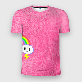 Мужская футболка 3D Slim с принтом Облачко на розовом мехе с радугой парная в Тюмени, 100% полиэстер с улучшенными характеристиками | приталенный силуэт, круглая горловина, широкие плечи, сужается к линии бедра | 14 февраля | pink | влюбленным | мех | облако | облачко | паре | парня | пинк | радуга | розовый