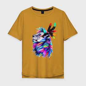 Мужская футболка хлопок Oversize с принтом Art lion , 100% хлопок | свободный крой, круглый ворот, “спинка” длиннее передней части | art | color | eyes | feather | head | lion | mane | muzzle | nose | глаза | голова | грива | искусство | лев | нос | перо | цвет