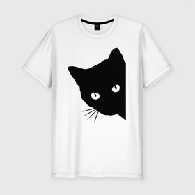 Мужская футболка хлопок Slim с принтом Всё тот же чёрный котяра в Санкт-Петербурге, 92% хлопок, 8% лайкра | приталенный силуэт, круглый вырез ворота, длина до линии бедра, короткий рукав | cat | ears | eyes | kitten | moustache | глаза | кот | котёнок | кошка | усы | уши