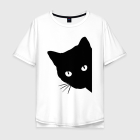 Мужская футболка хлопок Oversize с принтом Всё тот же чёрный котяра в Санкт-Петербурге, 100% хлопок | свободный крой, круглый ворот, “спинка” длиннее передней части | cat | ears | eyes | kitten | moustache | глаза | кот | котёнок | кошка | усы | уши