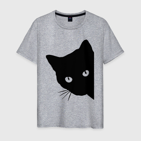 Мужская футболка хлопок с принтом Всё тот же чёрный котяра в Белгороде, 100% хлопок | прямой крой, круглый вырез горловины, длина до линии бедер, слегка спущенное плечо. | cat | ears | eyes | kitten | moustache | глаза | кот | котёнок | кошка | усы | уши