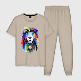Мужская пижама хлопок с принтом Color lion Neon в Курске, 100% хлопок | брюки и футболка прямого кроя, без карманов, на брюках мягкая резинка на поясе и по низу штанин
 | color | eyes | feather | lion | mane | muzzle | nose | грива | лев | нос | перо | цвет