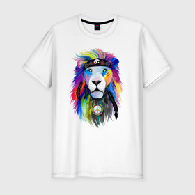 Мужская футболка хлопок Slim с принтом Color lion Neon в Санкт-Петербурге, 92% хлопок, 8% лайкра | приталенный силуэт, круглый вырез ворота, длина до линии бедра, короткий рукав | color | eyes | feather | lion | mane | muzzle | nose | грива | лев | нос | перо | цвет