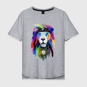 Мужская футболка хлопок Oversize с принтом Color lion Neon в Екатеринбурге, 100% хлопок | свободный крой, круглый ворот, “спинка” длиннее передней части | color | eyes | feather | lion | mane | muzzle | nose | грива | лев | нос | перо | цвет