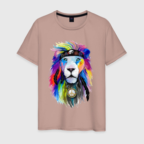 Мужская футболка хлопок с принтом Color lion Neon в Екатеринбурге, 100% хлопок | прямой крой, круглый вырез горловины, длина до линии бедер, слегка спущенное плечо. | Тематика изображения на принте: color | eyes | feather | lion | mane | muzzle | nose | грива | лев | нос | перо | цвет