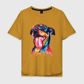Мужская футболка хлопок Oversize с принтом Color rottweiler в Санкт-Петербурге, 100% хлопок | свободный крой, круглый ворот, “спинка” длиннее передней части | color | dog | ears | eyes | head | muzzle | nose | rottweiler | tongue | глаза | голова | нос | пёс | ротвейлер | собака | уши | цвет | язык