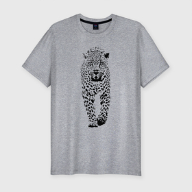 Мужская футболка хлопок Slim с принтом Коварный леопард в Санкт-Петербурге, 92% хлопок, 8% лайкра | приталенный силуэт, круглый вырез ворота, длина до линии бедра, короткий рукав | ears | eyes | fangs | jaw | leopard | muzzle | paws | skin | глаза | клыки | лапы | леопард | пасть | уши
