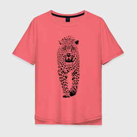 Мужская футболка хлопок Oversize с принтом Коварный леопард в Екатеринбурге, 100% хлопок | свободный крой, круглый ворот, “спинка” длиннее передней части | ears | eyes | fangs | jaw | leopard | muzzle | paws | skin | глаза | клыки | лапы | леопард | пасть | уши