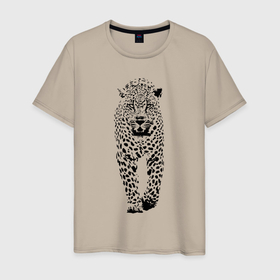 Мужская футболка хлопок с принтом Коварный леопард в Курске, 100% хлопок | прямой крой, круглый вырез горловины, длина до линии бедер, слегка спущенное плечо. | ears | eyes | fangs | jaw | leopard | muzzle | paws | skin | глаза | клыки | лапы | леопард | пасть | уши
