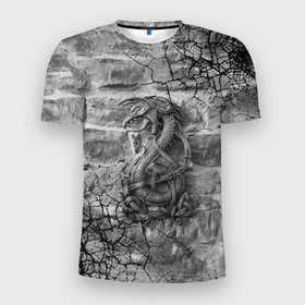 Мужская футболка 3D Slim с принтом Дракон Скандинавские символы в Тюмени, 100% полиэстер с улучшенными характеристиками | приталенный силуэт, круглая горловина, широкие плечи, сужается к линии бедра | знаки | обереги | символы | скандинавские символы | языческие узоры