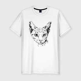 Мужская футболка хлопок Slim с принтом Clever cat в Екатеринбурге, 92% хлопок, 8% лайкра | приталенный силуэт, круглый вырез ворота, длина до линии бедра, короткий рукав | cat | ears | eyes | head | view | взгляд | глаза | голова | кот | котёнок | кошка | уши