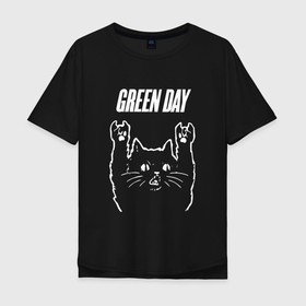 Мужская футболка хлопок Oversize с принтом Green Day Рок кот в Екатеринбурге, 100% хлопок | свободный крой, круглый ворот, “спинка” длиннее передней части | american idiot | green day | heavy metal | metal | rock | альтернатива | грин дей | грин дэй | группа | метал | музыка | рок | трэш метал | хеви метал