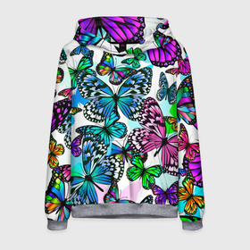 Мужская толстовка 3D с принтом Рой цветных бабочек в Тюмени, 100% полиэстер | двухслойный капюшон со шнурком для регулировки, мягкие манжеты на рукавах и по низу толстовки, спереди карман-кенгуру с мягким внутренним слоем. | Тематика изображения на принте: butterfly | fly | girls | neon | rainbow | spring | summer | wings | бабочки | весна | девушкам | для девочек | женщинам | крылышки | крылья | летний принт | лето | махаон | мотылек | насекомые | неоновые бабочки | подарок