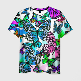Мужская футболка 3D с принтом Рой цветных бабочек в Новосибирске, 100% полиэфир | прямой крой, круглый вырез горловины, длина до линии бедер | butterfly | fly | girls | neon | rainbow | spring | summer | wings | бабочки | весна | девушкам | для девочек | женщинам | крылышки | крылья | летний принт | лето | махаон | мотылек | насекомые | неоновые бабочки | подарок