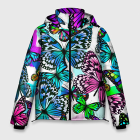 Мужская зимняя куртка 3D с принтом Рой цветных бабочек в Новосибирске, верх — 100% полиэстер; подкладка — 100% полиэстер; утеплитель — 100% полиэстер | длина ниже бедра, свободный силуэт Оверсайз. Есть воротник-стойка, отстегивающийся капюшон и ветрозащитная планка. 

Боковые карманы с листочкой на кнопках и внутренний карман на молнии. | Тематика изображения на принте: butterfly | fly | girls | neon | rainbow | spring | summer | wings | бабочки | весна | девушкам | для девочек | женщинам | крылышки | крылья | летний принт | лето | махаон | мотылек | насекомые | неоновые бабочки | подарок