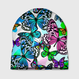 Шапка 3D с принтом Рой цветных бабочек в Новосибирске, 100% полиэстер | универсальный размер, печать по всей поверхности изделия | butterfly | fly | girls | neon | rainbow | spring | summer | wings | бабочки | весна | девушкам | для девочек | женщинам | крылышки | крылья | летний принт | лето | махаон | мотылек | насекомые | неоновые бабочки | подарок