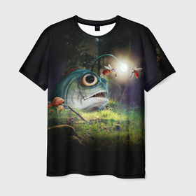 Мужская футболка 3D с принтом Рыба в лесу в Петрозаводске, 100% полиэфир | прямой крой, круглый вырез горловины, длина до линии бедер | арт | звезды | лес | ночь | рыба | рыбалка | черный