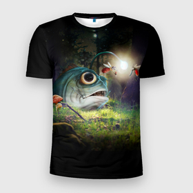 Мужская футболка 3D Slim с принтом Рыба в лесу в Кировске, 100% полиэстер с улучшенными характеристиками | приталенный силуэт, круглая горловина, широкие плечи, сужается к линии бедра | арт | звезды | лес | ночь | рыба | рыбалка | черный