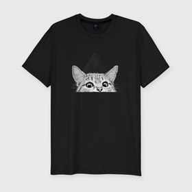 Мужская футболка хлопок Slim с принтом космокот 0004 в Новосибирске, 92% хлопок, 8% лайкра | приталенный силуэт, круглый вырез ворота, длина до линии бедра, короткий рукав | cat | геометрия | китюлька | кот | котэ | кэт | треугольник