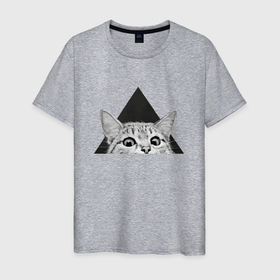 Мужская футболка хлопок с принтом космокот 0004 в Курске, 100% хлопок | прямой крой, круглый вырез горловины, длина до линии бедер, слегка спущенное плечо. | cat | геометрия | китюлька | кот | котэ | кэт | треугольник