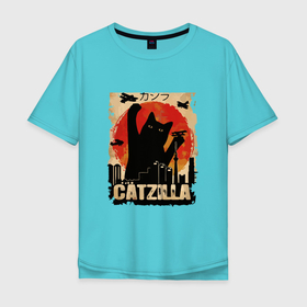 Мужская футболка хлопок Oversize с принтом Котзилла 0001 в Екатеринбурге, 100% хлопок | свободный крой, круглый ворот, “спинка” длиннее передней части | cat | godzilla | годзилла | город | кот | котзилла | котэ | самолет | черный кот