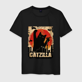 Мужская футболка хлопок с принтом Котзилла 0001 в Санкт-Петербурге, 100% хлопок | прямой крой, круглый вырез горловины, длина до линии бедер, слегка спущенное плечо. | cat | godzilla | годзилла | город | кот | котзилла | котэ | самолет | черный кот