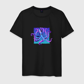 Мужская футболка хлопок с принтом Волшебный осьминог в Курске, 100% хлопок | прямой крой, круглый вырез горловины, длина до линии бедер, слегка спущенное плечо. | octopus | минимализм | море | осьминог | подводный мир | пурпурный | фиолетовый