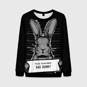 Мужской свитшот 3D с принтом ПЛОХОЙ КРОЛИК   BAD BUNNY в Новосибирске, 100% полиэстер с мягким внутренним слоем | круглый вырез горловины, мягкая резинка на манжетах и поясе, свободная посадка по фигуре | 2023 | bad bunny | новый год 2023 | ну погоди | черный заяц | черный кролик